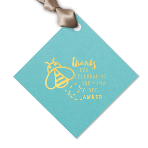 Personalized Poptone Tiffany Blue Diamond Gift Tag with Shiny 18 Kt Gold Foil has a Bumble Bee graphic and is good for use in Animals, Baby Animals, Baby Shower themed parties and will give your party the personalized touch every host desires.
