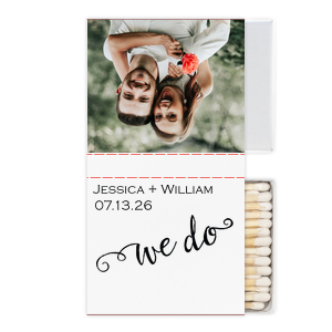 The ever-popular White Classic Custom Photo Matchbox with Matte Black Ink Digital Print Colors and Matte Fuchsia Ink Digital Print Colors has a We Do 3 graphic and is good for use in Wedding, Words themed parties and will add that special attention to detail that cannot be overlooked.