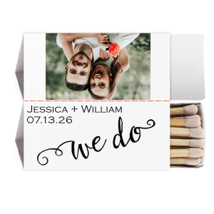 The ever-popular White Classic Custom Photo Matchbox with Matte Black Ink Digital Print Colors and Matte Fuchsia Ink Digital Print Colors has a We Do 3 graphic and is good for use in Wedding, Words themed parties and will add that special attention to detail that cannot be overlooked.