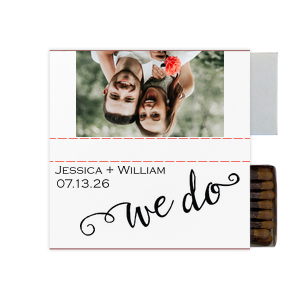 The ever-popular White Classic Custom Photo Matchbox with Matte Black Ink Digital Print Colors and Matte Fuchsia Ink Digital Print Colors has a We Do 3 graphic and is good for use in Wedding, Words themed parties and will add that special attention to detail that cannot be overlooked.