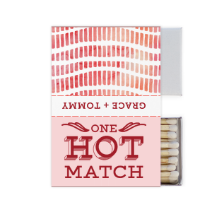 Our beautiful custom White Classic Custom Photo Matchbox with Matte Blush Ink Digital Print Colors and Matte Red Berry Ink Digital Print Colors has a One Hot Match graphic and is good for use in Words, Wedding, Anniversary themed parties and are a must-have for your next event—whatever the celebration!