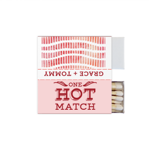 Our beautiful custom White Classic Custom Photo Matchbox with Matte Blush Ink Digital Print Colors and Matte Red Berry Ink Digital Print Colors has a One Hot Match graphic and is good for use in Words, Wedding, Anniversary themed parties and are a must-have for your next event—whatever the celebration!
