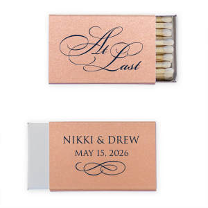 The At Last Matches features elegant calligraphy reading “At Last” reversed with the couple's names and a graceful flourish for a timeless presentation. Use it to elevate your celebration with a refined, romantic touch. Refined for wedding receptions and sentimental keepsakes.