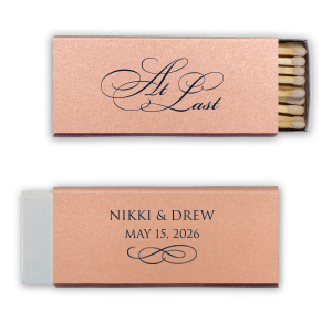The At Last Matches features elegant calligraphy reading “At Last” reversed with the couple's names and a graceful flourish for a timeless presentation. Use it to elevate your celebration with a refined, romantic touch. Refined for wedding receptions and sentimental keepsakes.