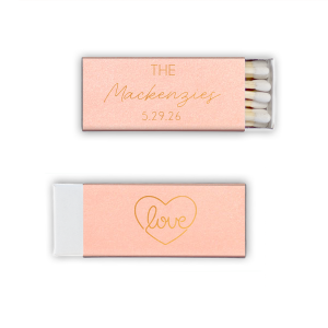 Our personalized Poptone Pastel Pink Classic Matchbox with Shiny Copper Foil has a Love Heart Sign graphic and is good for use in Wedding, Anniversary, Hearts themed parties and will look fabulous with your unique touch. Your guests will agree!