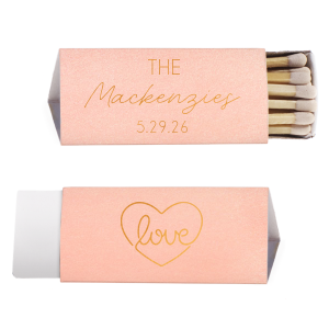 Our personalized Poptone Pastel Pink Classic Matchbox with Shiny Copper Foil has a Love Heart Sign graphic and is good for use in Wedding, Anniversary, Hearts themed parties and will look fabulous with your unique touch. Your guests will agree!