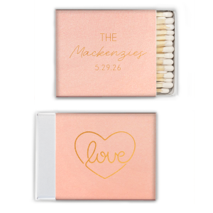 Our personalized Poptone Pastel Pink Classic Matchbox with Shiny Copper Foil has a Love Heart Sign graphic and is good for use in Wedding, Anniversary, Hearts themed parties and will look fabulous with your unique touch. Your guests will agree!