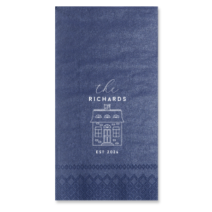 This Family Home Napkin features elegant script lettering of your family name and a charming home illustration with an established year detail. Add it to your powder room or dinner table to create a welcoming, polished look for visitors. Perfect for housewarming parties!