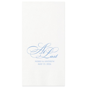 Mark the culmination of your love story with the Formal Script At Last Wedding Napkin. "At Last," in a sweeping, ornate, script, complemented by the couple's names and date, makes a grand statement for a long-anticipated wedding celebration.