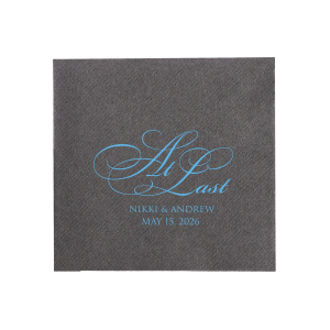 Mark the culmination of your love story with the Formal Script At Last Wedding Napkin. "At Last," in a sweeping, ornate, script, complemented by the couple's names and date, makes a grand statement for a long-anticipated wedding celebration.