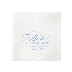 Mark the culmination of your love story with the Formal Script At Last Wedding Napkin. "At Last," in a sweeping, ornate, script, complemented by the couple's names and date, makes a grand statement for a long-anticipated wedding celebration.