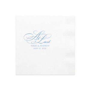 Mark the culmination of your love story with the Formal Script At Last Wedding Napkin. "At Last," in a sweeping, ornate, script, complemented by the couple's names and date, makes a grand statement for a long-anticipated wedding celebration.