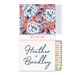Our custom White Square Custom Photo Matchbox with Matte Light Coral Ink Digital Print Colors and Matte Navy Ink Digital Print Colors will make your guests swoon. Personalize your party's theme today.