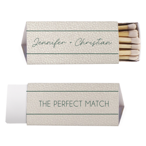 The Line Frame Script Names Match design blends simplicity with sophistication. Handwritten-style script presents the couple's names, framed for emphasis. The reverse side boldly states "THE PERFECT MATCH" in all-caps block letters, also framed, creating an impactful, memorable design.