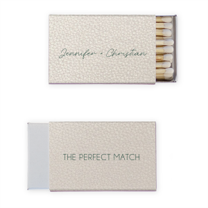 The Line Frame Script Names Match design blends simplicity with sophistication. Handwritten-style script presents the couple's names, framed for emphasis. The reverse side boldly states "THE PERFECT MATCH" in all-caps block letters, also framed, creating an impactful, memorable design.