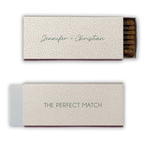 The Line Frame Script Names Match design blends simplicity with sophistication. Handwritten-style script presents the couple's names, framed for emphasis. The reverse side boldly states "THE PERFECT MATCH" in all-caps block letters, also framed, creating an impactful, memorable design.