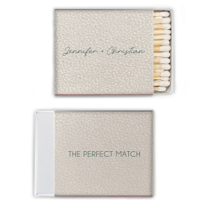 The Line Frame Script Names Match design blends simplicity with sophistication. Handwritten-style script presents the couple's names, framed for emphasis. The reverse side boldly states "THE PERFECT MATCH" in all-caps block letters, also framed, creating an impactful, memorable design.