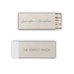 The Line Frame Script Names Match design blends simplicity with sophistication. Handwritten-style script presents the couple's names, framed for emphasis. The reverse side boldly states "THE PERFECT MATCH" in all-caps block letters, also framed, creating an impactful, memorable design.