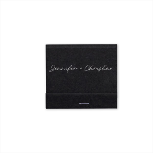 The Line Frame Script Names Match design blends simplicity with sophistication. Handwritten-style script presents the couple's names, framed for emphasis. The reverse side boldly states "THE PERFECT MATCH" in all-caps block letters, also framed, creating an impactful, memorable design.