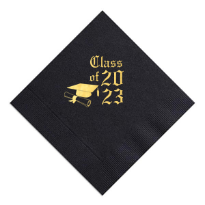 ForYourParty's personalized Black Cocktail Napkin with Shiny 18 Kt Gold Foil has a Cap and Scroll graphic and is good for use in Graduation themed parties and are a must-have for your next event—whatever the celebration!