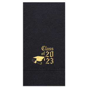 ForYourParty's personalized Black Cocktail Napkin with Shiny 18 Kt Gold Foil has a Cap and Scroll graphic and is good for use in Graduation themed parties and are a must-have for your next event—whatever the celebration!