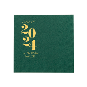 Celebrate academic milestones with the Modern Class of Year & Name Napkin. Its modern design starts with "Class Of" in sleek capitals, followed by the graduation year in a bold, tiered layout. Completed with "Congrats" and the graduate's name, this napkin adds a contemporary and elegant touch to any graduation party.