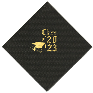 ForYourParty's personalized Black Cocktail Napkin with Shiny 18 Kt Gold Foil has a Cap and Scroll graphic and is good for use in Graduation themed parties and are a must-have for your next event—whatever the celebration!