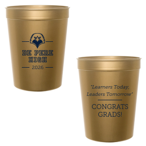The ever-popular Gold 16 oz Stadium Cup with Matte Navy  Ink Colors has an Eagle Mascot graphic and is good for use in Animals, School and Graduation themed parties and will give your party the personalized touch every host desires.