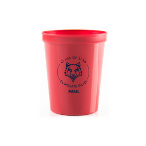 Personalized Red 16 oz Stadium Cup with Matte Navy Ink Cup Ink Colors has a Wolf Mascot graphic and is good for use in Animals, Graduation themed parties and will add that special attention to detail that cannot be overlooked.