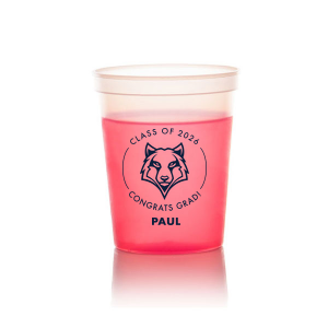 Personalized Red 16 oz Stadium Cup with Matte Navy Ink Cup Ink Colors has a Wolf Mascot graphic and is good for use in Animals, Graduation themed parties and will add that special attention to detail that cannot be overlooked.