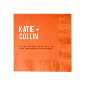 This Bold Fun Fact Napkin features modern typography names paired with a playful “Fun Fact” love story detail. Customize yours to share your unique journey and spark conversation among guests. Perfect for wedding receptions or engagement parties.