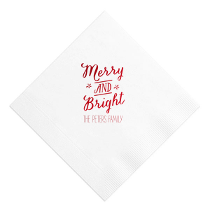 Bring holiday songs to your table with the Merry and Bright Holiday Napkin, where 'Merry and Bright' twirls in joyous script, accented by twinkling stars. This design echoes the melody of the season, adding a note of cheer to your festive gatherings.