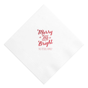 Bring holiday songs to your table with the Merry and Bright Holiday Napkin, where 'Merry and Bright' twirls in joyous script, accented by twinkling stars. This design echoes the melody of the season, adding a note of cheer to your festive gatherings.