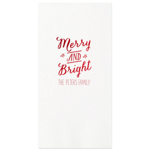 Bring holiday songs to your table with the Merry and Bright Holiday Napkin, where 'Merry and Bright' twirls in joyous script, accented by twinkling stars. This design echoes the melody of the season, adding a note of cheer to your festive gatherings.