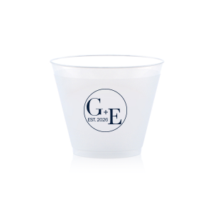 The Contemporary Initials Badge Cup features balanced typography of the couple’s initials and establishing year framed within a clean, round emblem for a timeless drinkware detail. Use it to serve beverages with a polished, personalized feel guests will appreciate. Perfect for weddings and celebratory toasts!