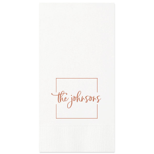 The Square Frame Family Name Napkin showcases elegant handwritten lettering of your family name centered within a clean, minimalist border for a timeless look. Choose it to elevate your table setting with understated charm and polish. Perfect for weddings and dinner parties!