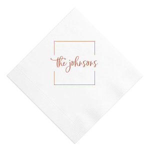 The Square Frame Family Name Napkin showcases elegant handwritten lettering of your family name centered within a clean, minimalist border for a timeless look. Choose it to elevate your table setting with understated charm and polish. Perfect for weddings and dinner parties!