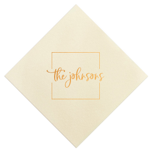 The Square Frame Family Name Napkin showcases elegant handwritten lettering of your family name centered within a clean, minimalist border for a timeless look. Choose it to elevate your table setting with understated charm and polish. Perfect for weddings and dinner parties!