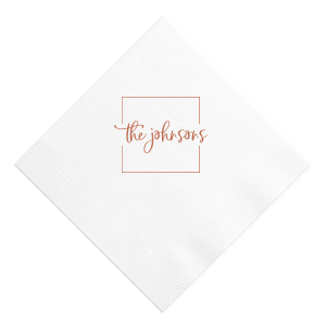 The Square Frame Family Name Napkin showcases elegant handwritten lettering of your family name centered within a clean, minimalist border for a timeless look. Choose it to elevate your table setting with understated charm and polish. Perfect for weddings and dinner parties!