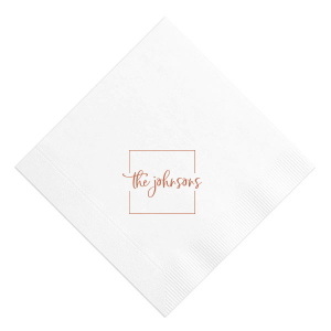 The Square Frame Family Name Napkin showcases elegant handwritten lettering of your family name centered within a clean, minimalist border for a timeless look. Choose it to elevate your table setting with understated charm and polish. Perfect for weddings and dinner parties!