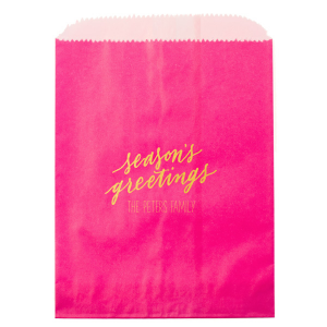 Wrap your presents in the spirit of the season with the Season’s Greetings Holiday Gift Bag, featuring 'season’s greetings' in a gentle script. Below, your family name personalizes this festive carrier, extending a hand of holiday joy with every gift given