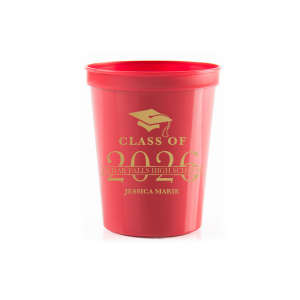 Our personalized Red 16 oz Stadium Cup with Gold Ink Cup Ink Colors has a Cap graphic and is good for use in Graduation themed parties and can be customized to complement every last detail of your party.