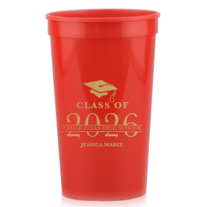 Our personalized Red 16 oz Stadium Cup with Gold Ink Cup Ink Colors has a Cap graphic and is good for use in Graduation themed parties and can be customized to complement every last detail of your party.