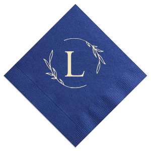 Our beautiful custom Dark Navy Cocktail Napkin with Matte Ivory Foil has a Open Wreath Frame graphic and is good for use in Floral and Wedding themed parties and can be personalized to match your party's exact theme and tempo.