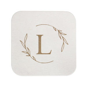 Personalized White Round Coaster with Shiny Champagne Foil has a Open Wreath Frame graphic and is good for use in Floral and Wedding themed parties and will add that special attention to detail that cannot be overlooked.