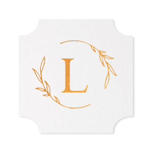 Personalized White Round Coaster with Shiny Champagne Foil has a Open Wreath Frame graphic and is good for use in Floral and Wedding themed parties and will add that special attention to detail that cannot be overlooked.