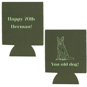 Our custom Robin's Egg Blue Flat Can Cooler with Matte Stone Blue Ink Cup Ink Colors has a German Shepherd 2 graphic and is good for use in Animals themed parties and can be personalized to match your party's exact theme and tempo.