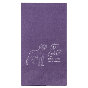 Celebrate your special day with the playful At Last Rottweiler Dog Napkin, where a beloved pet's joy takes center stage. Featuring the exuberant phrase "At Last!" in expressive script, as if announced by the couple's furry friend, this napkin is a delightful tribute to pet-loving newlyweds, capturing the shared happiness of the entire family.