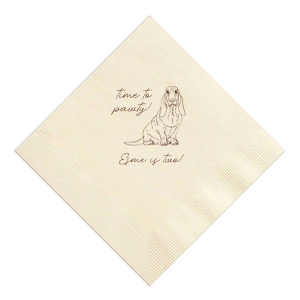ForYourParty's chic Ivory Cocktail Napkin with Matte NEW Chocolate Foil has a Basset Hound graphic and is good for use in Animals themed parties and will give your party the personalized touch every host desires.