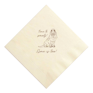 ForYourParty's chic Ivory Cocktail Napkin with Matte NEW Chocolate Foil has a Basset Hound graphic and is good for use in Animals themed parties and will give your party the personalized touch every host desires.